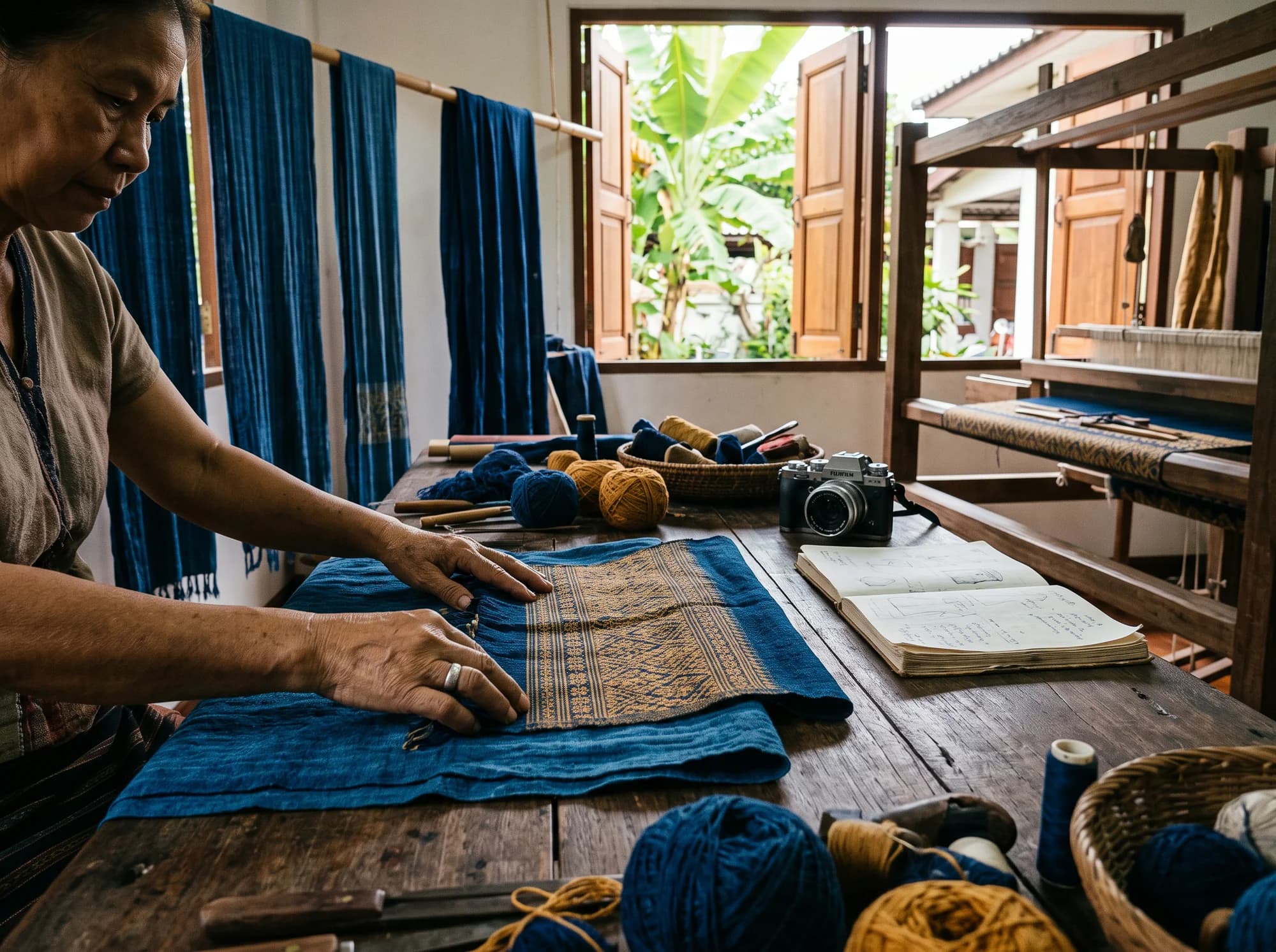 Editorial illustration of a Thai textile maker’s hands and indigo cloth in a creative studio