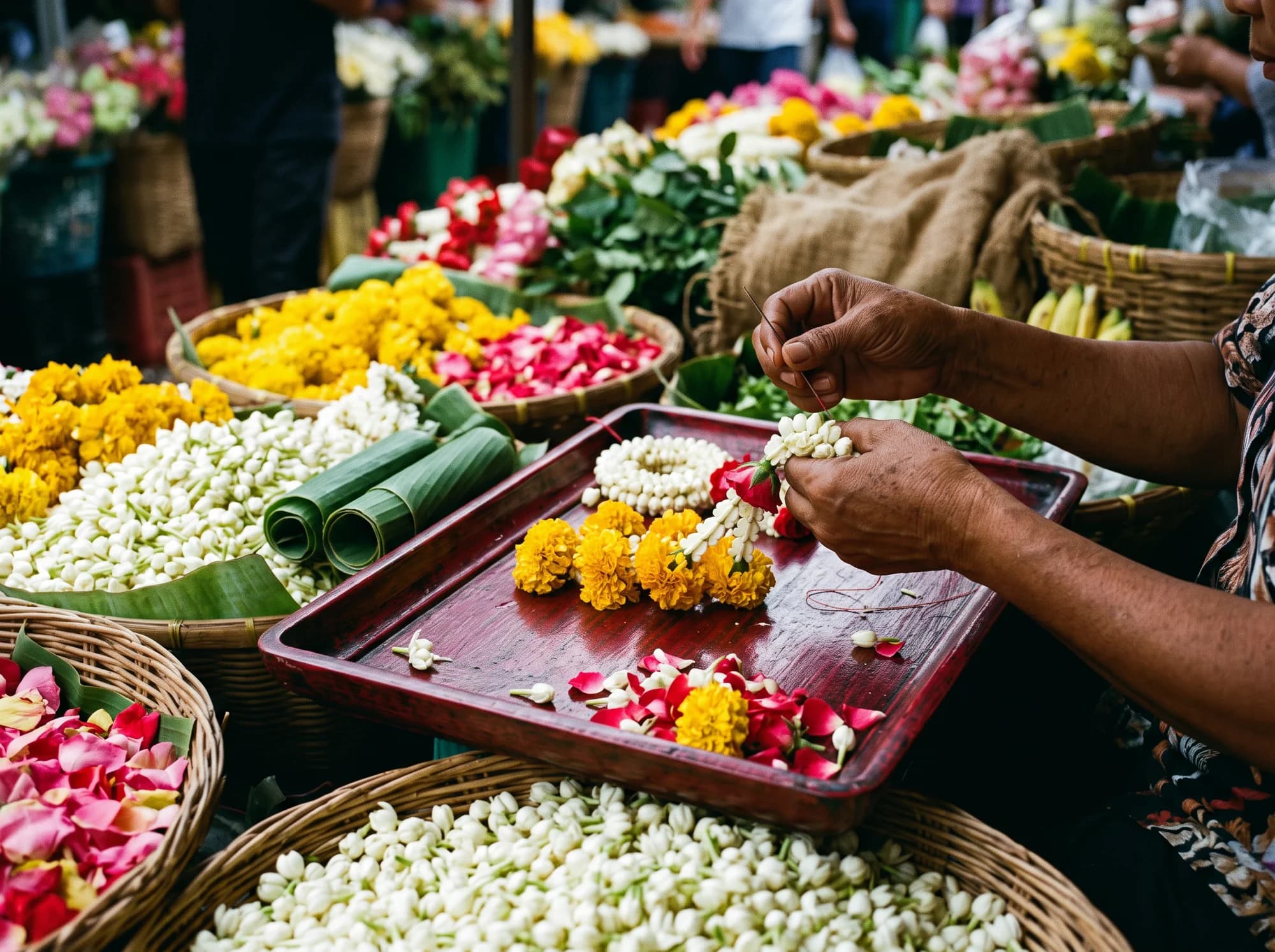 Editorial illustration of skilled hands making a Thai jasmine and marigold garland