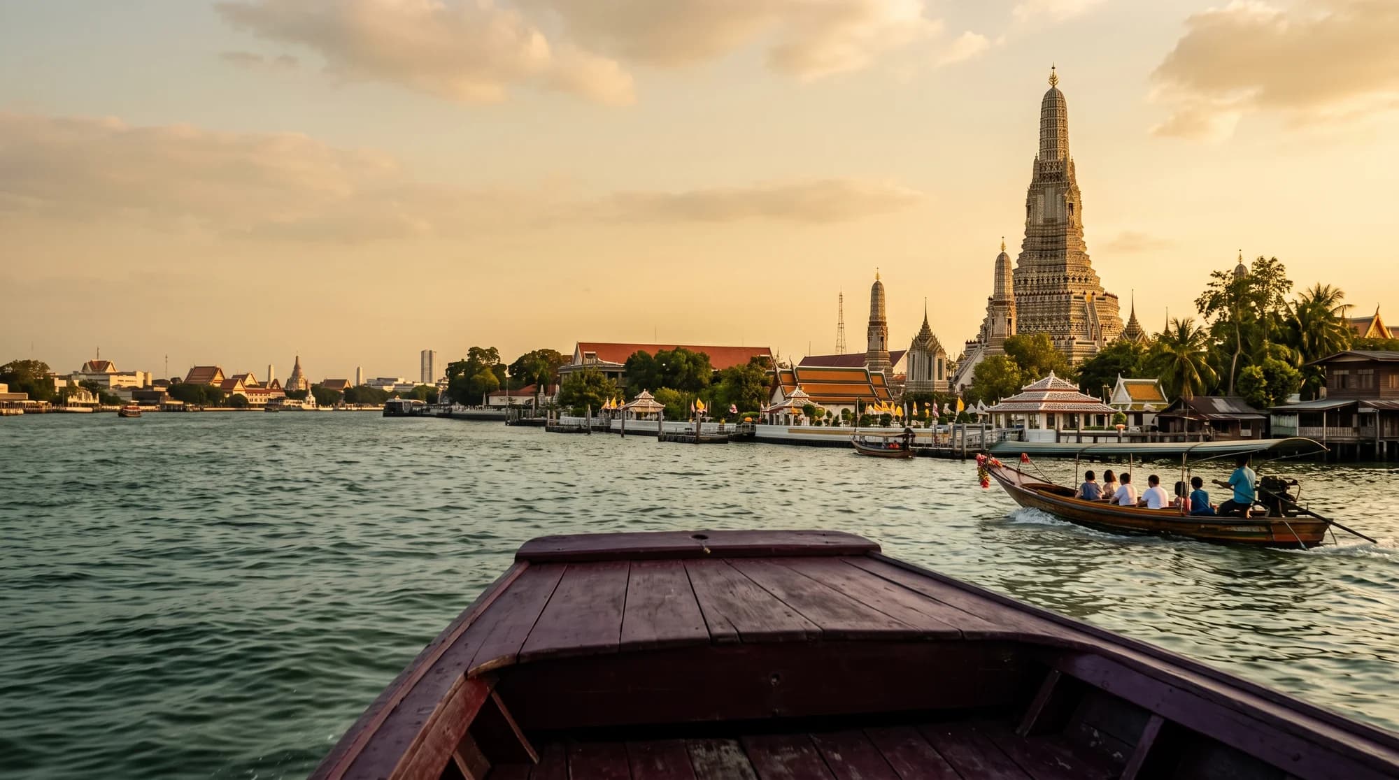 AI-generated editorial view of Wat Arun and longtail boats on Bangkok’s Chao Phraya River