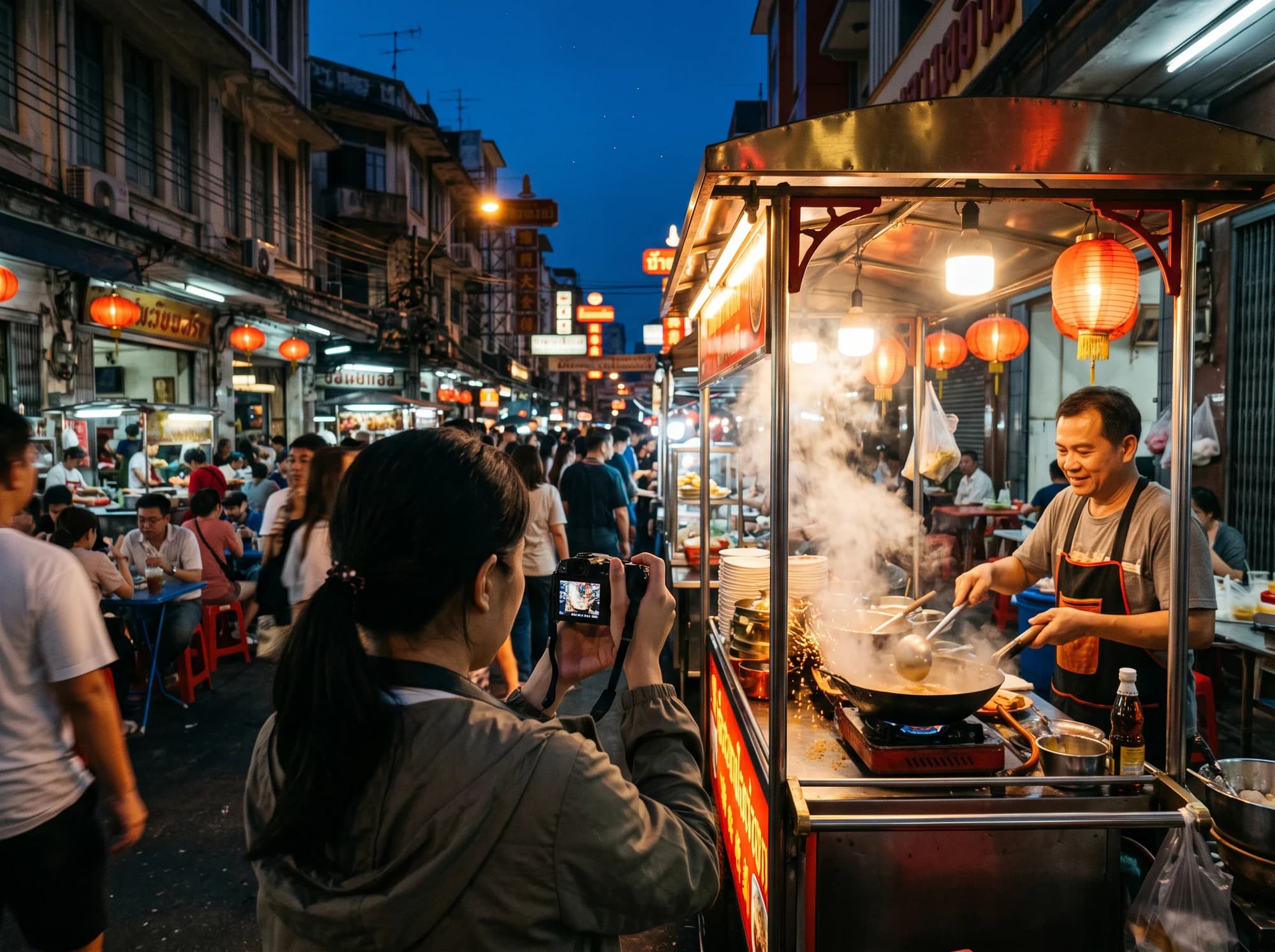 Illustrated editorial scene of a food creator filming a street-food cook in Bangkok at dusk