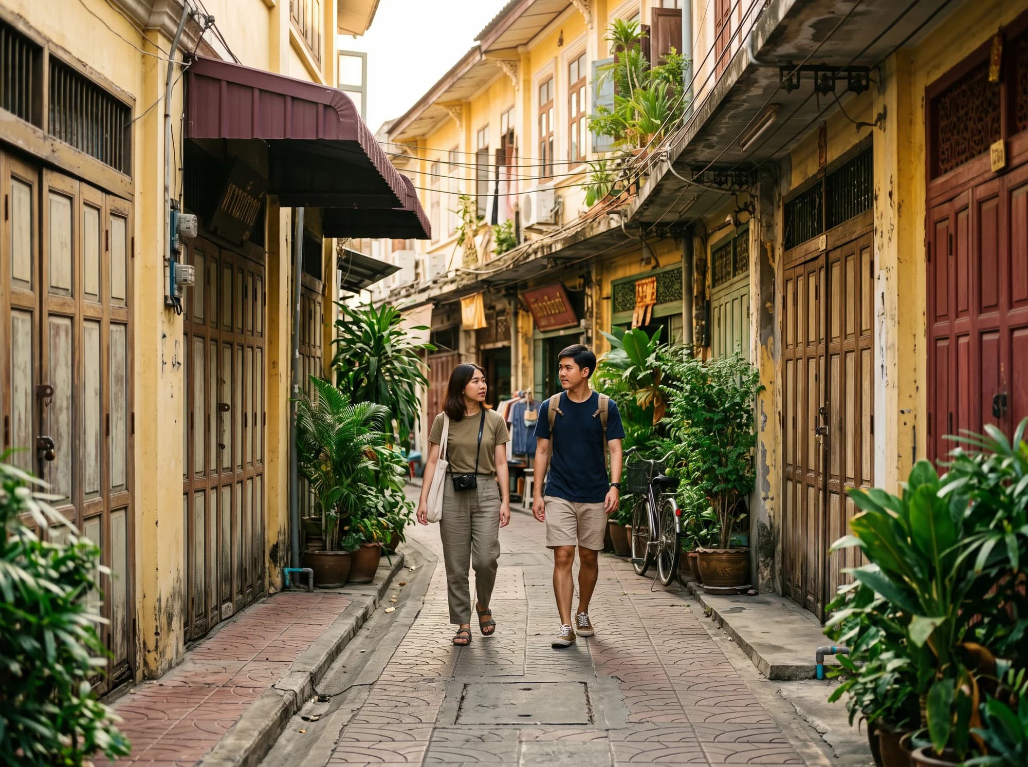 Illustrated editorial scene of young creatives in a historic Bangkok shophouse street